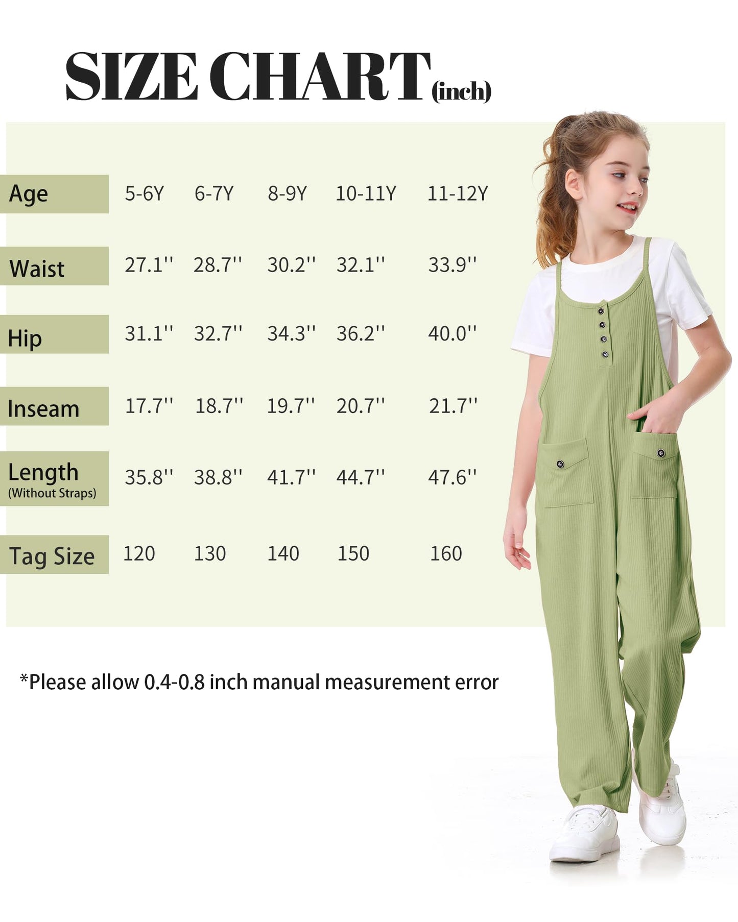 Rolanko Girls Jumpsuit Spaghetti Strap Romper Wide Leg Pockets Green Size 10-11Y