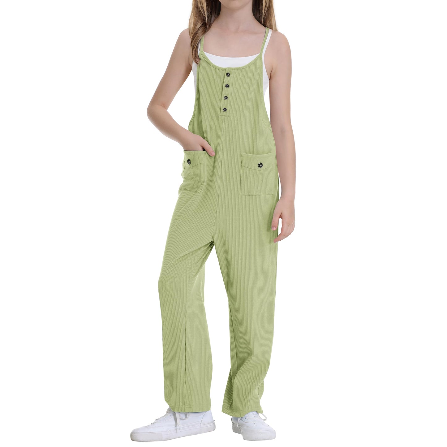 Rolanko Girls Jumpsuit Spaghetti Strap Romper Wide Leg Pockets Green Size 10-11Y