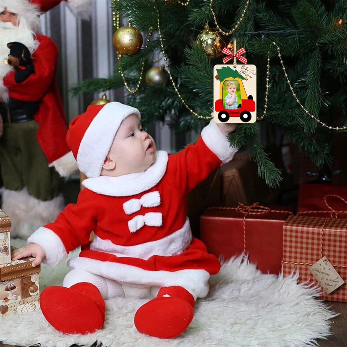 Baby's First Christmas Ornament with Name Wooden Baby 1st Christmas Ornament Picture Frame Car Babys Photo Xmas Tree Ornaments Keepsake for New Mom Dad Birthday