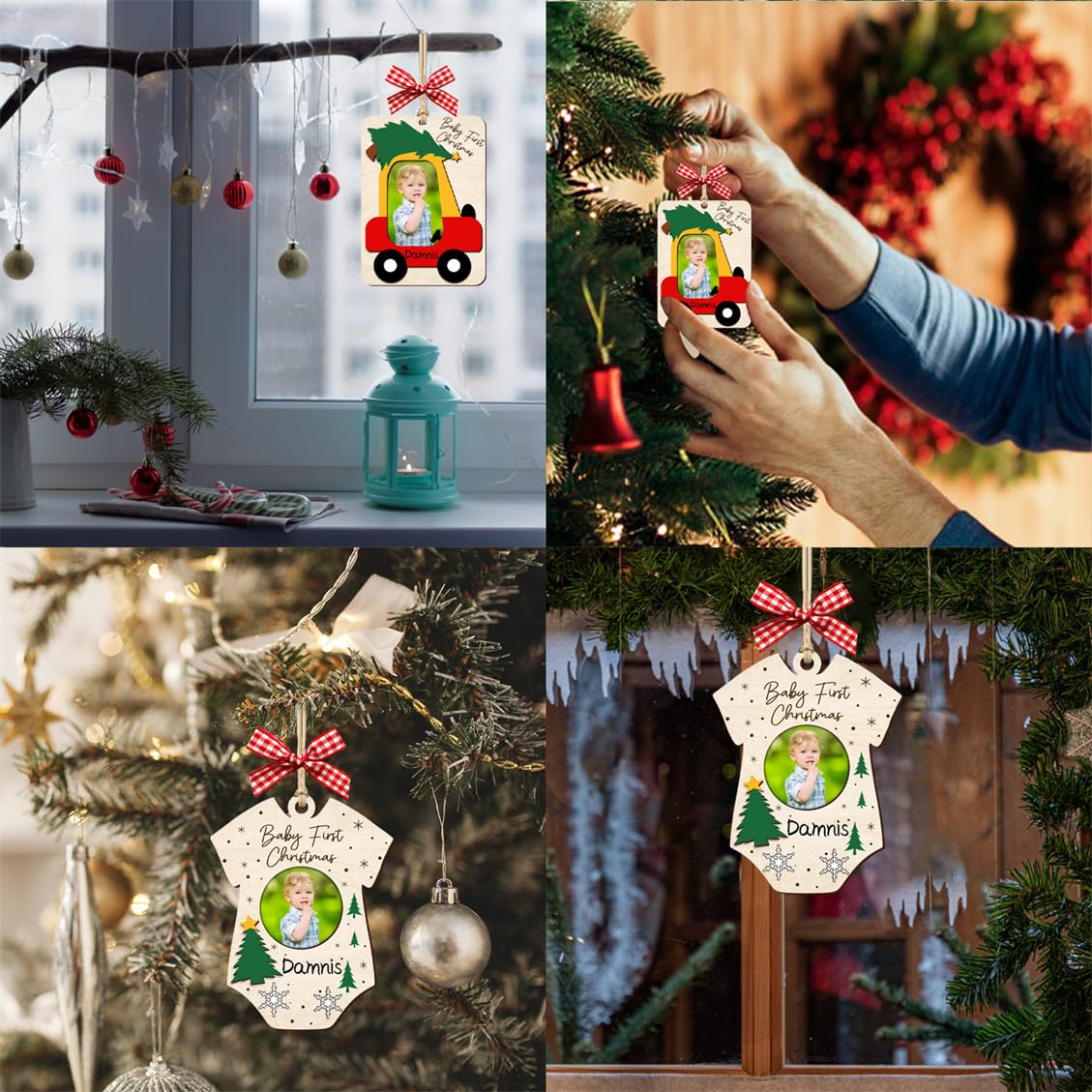 Baby's First Christmas Ornament with Name Wooden Baby 1st Christmas Ornament Picture Frame Car Babys Photo Xmas Tree Ornaments Keepsake for New Mom Dad Birthday