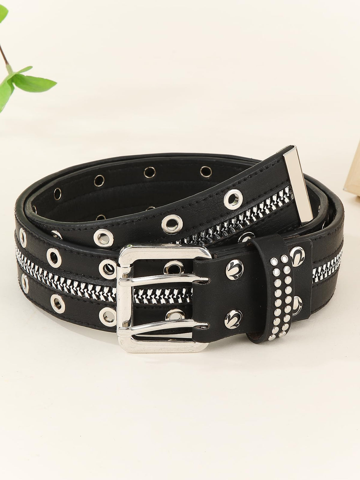 RoseSeek Women's Vintage Zip Rivet Studded Belts PU Leather Western Punk Waist Belts for Jeans 70