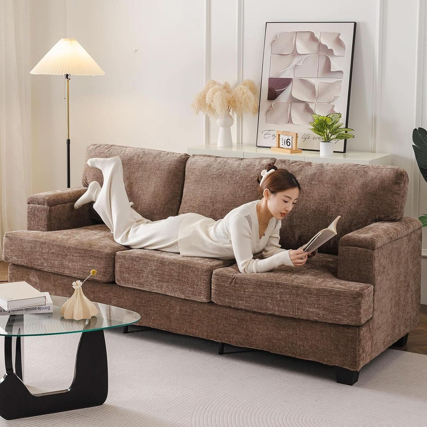 85 Inch L Shaped Couch Armrest Organizer Movable Ottoman