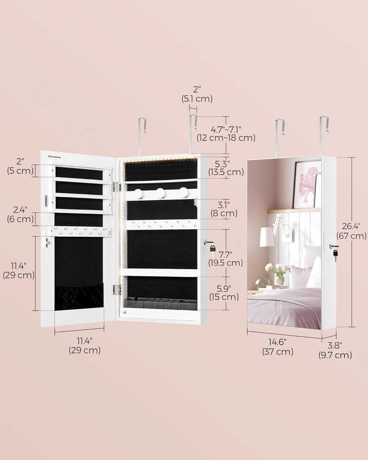 Mirror Jewelry Cabinet Armoire With LED Lights White