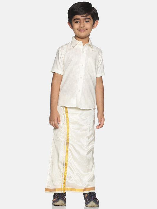 Sethukrishna Boys Cream-Coloured Solid Shirt with Veshti Set