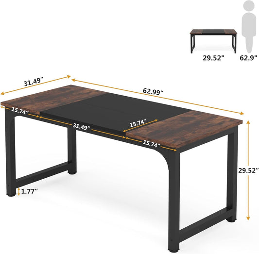 63 Inch Executive Desk Two Tone Brown Black Heavy Duty Frame