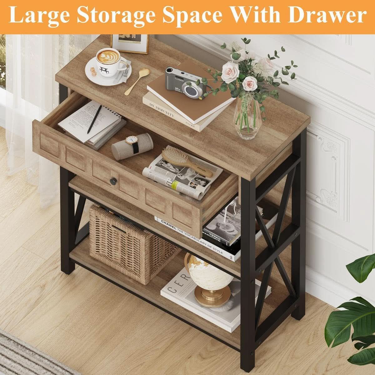 Rustic Oak 3 Tier Bookshelf With Drawer Industrial Wood And Metal Bookcase