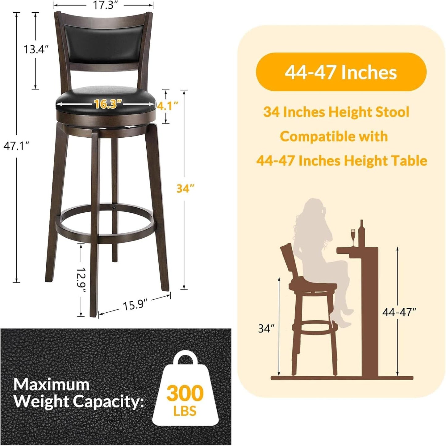Swivel Bar Stools Set of 2 Black Faux Leather 34 Inch