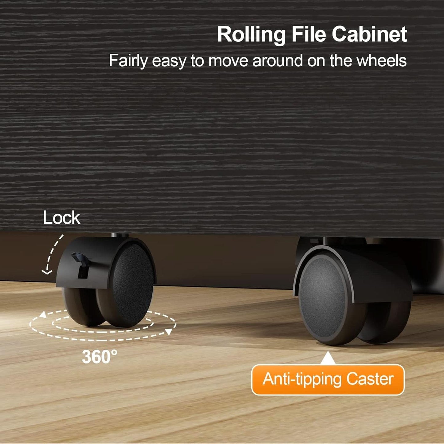 2 Drawer Rolling File Cabinet With Lock For Letter Size Folders Under Desk Black