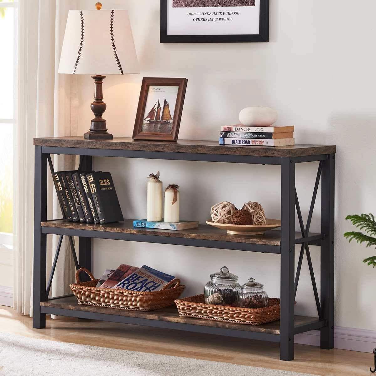 Rustic 47 Inch 3 Tier Sofa Console Table With Open Shelves