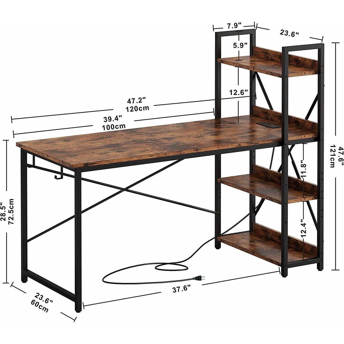 Rustic Brown Desk With Built In Power And Spacious Storage For Home Office
