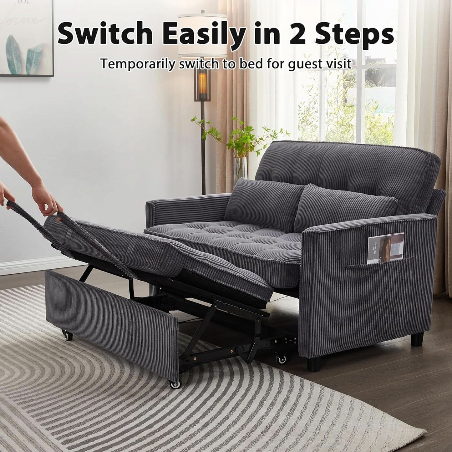 55Inch Convertible Sleeper Sofa With USBPort Corduroy