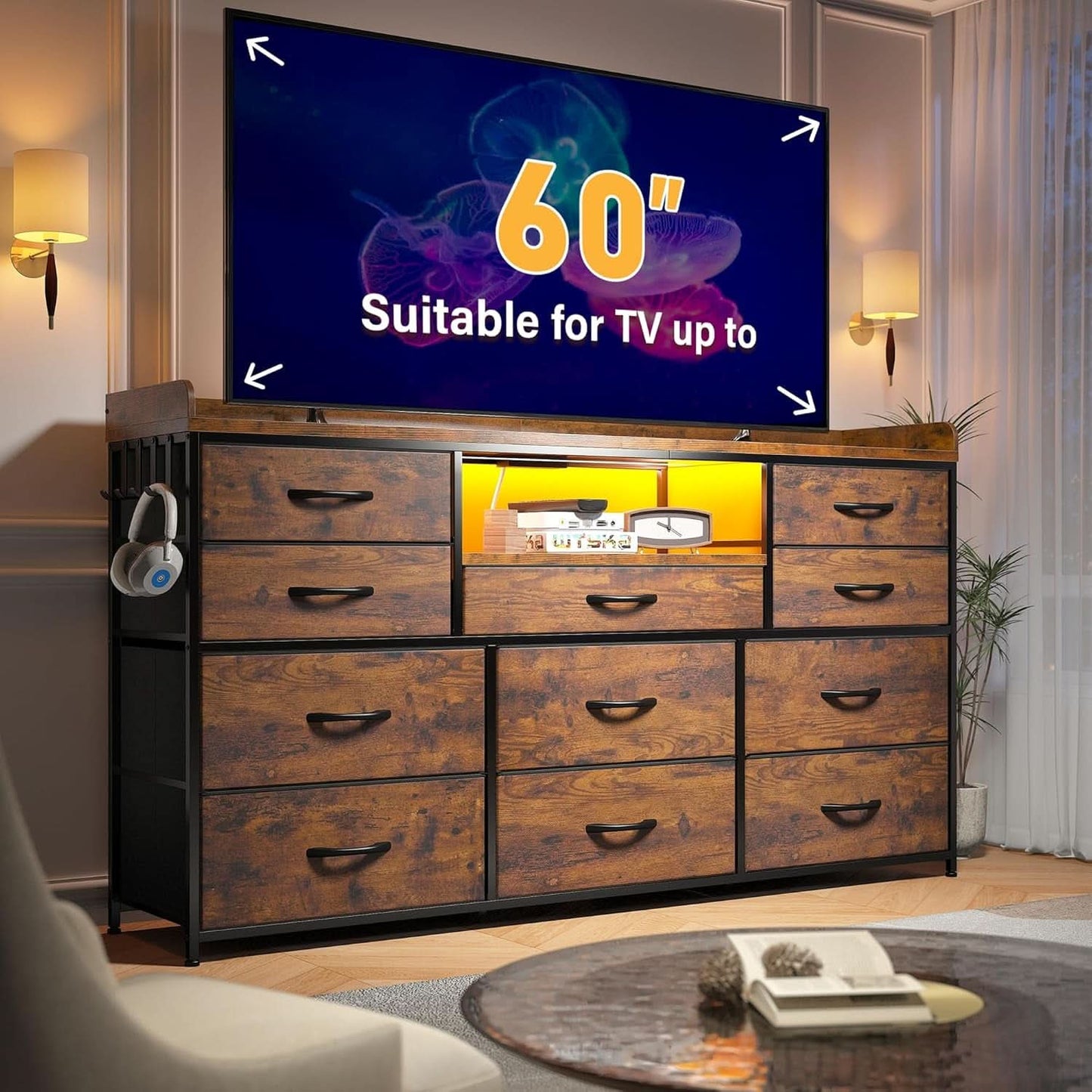 Dresser With 11 Drawers And LED Lights For Bedroom
