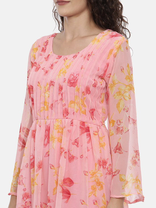 Souchii Women Beautiful Pink Floral Printed A-Line Dress