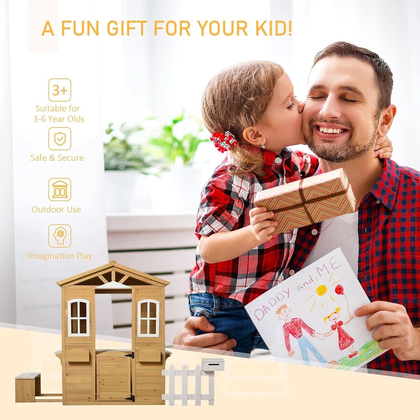 Kids Outdoor Wood Playhouse With Working Door And Windows