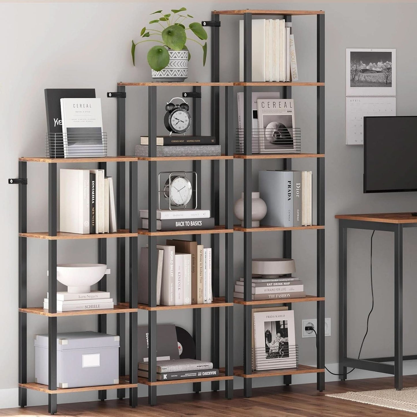 Six Tier Tall Bookshelf Narrow Rustic Brown Bookcase