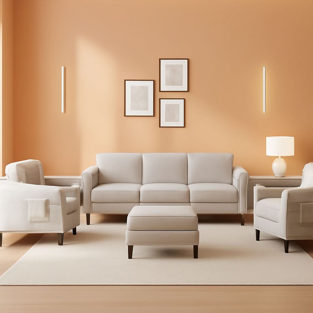 Beige 6 Seater Sectional Sofa With Movable Ottoman