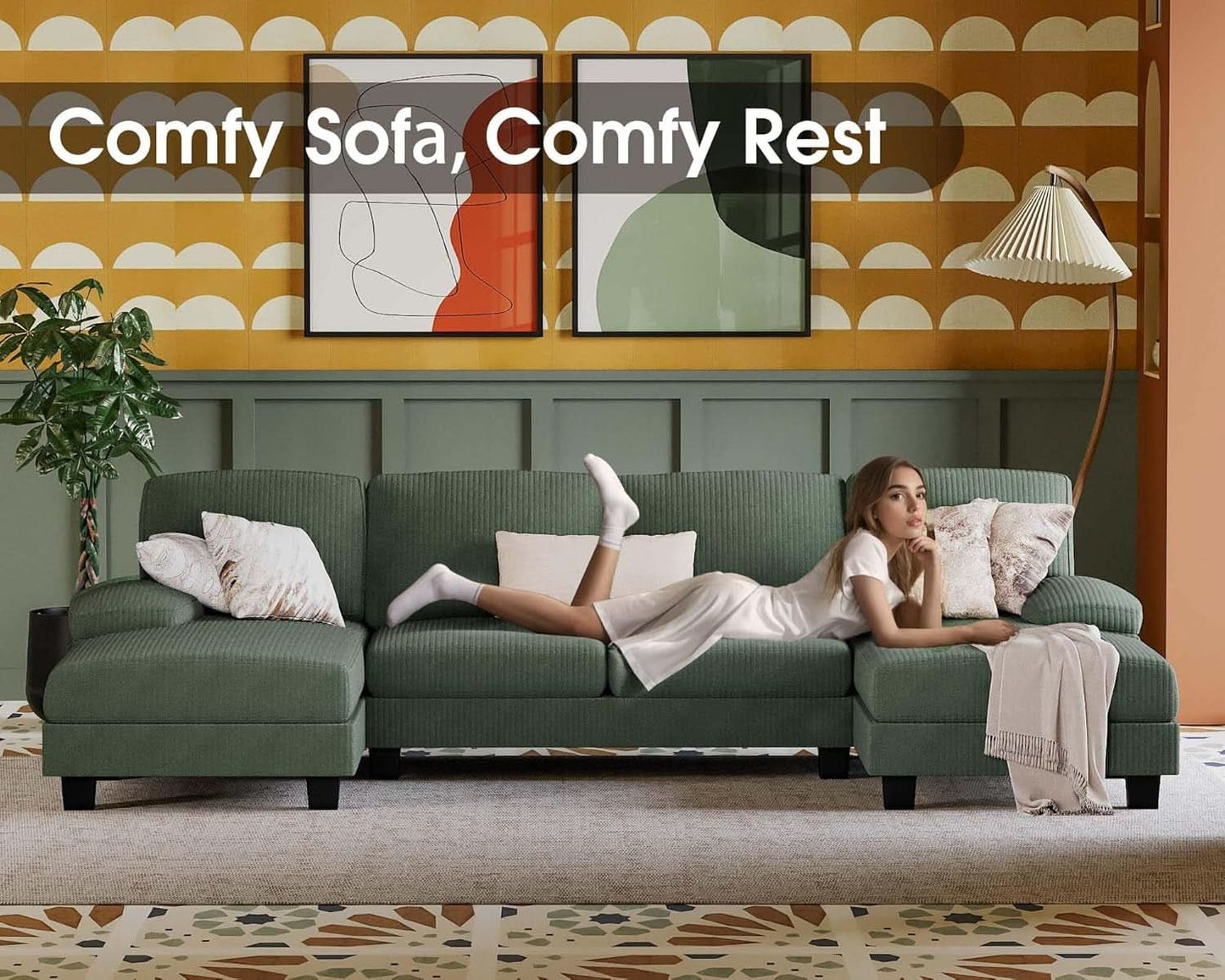 Dark Green Corduroy U Shaped Sectional Sofa 4 Seat Chaise