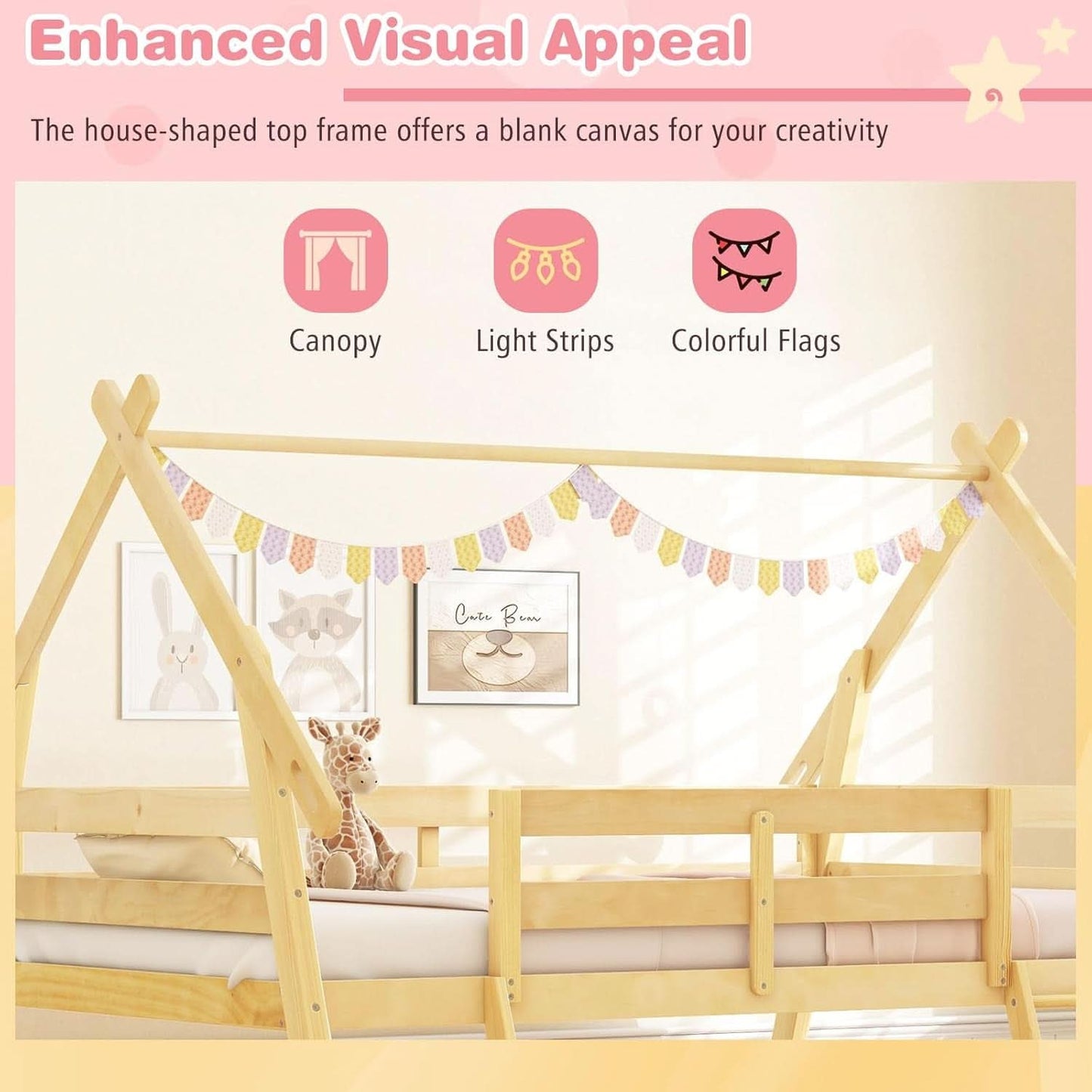 Twin Over Queen Bunk Bed With Climbing Nets Ramp Natural
