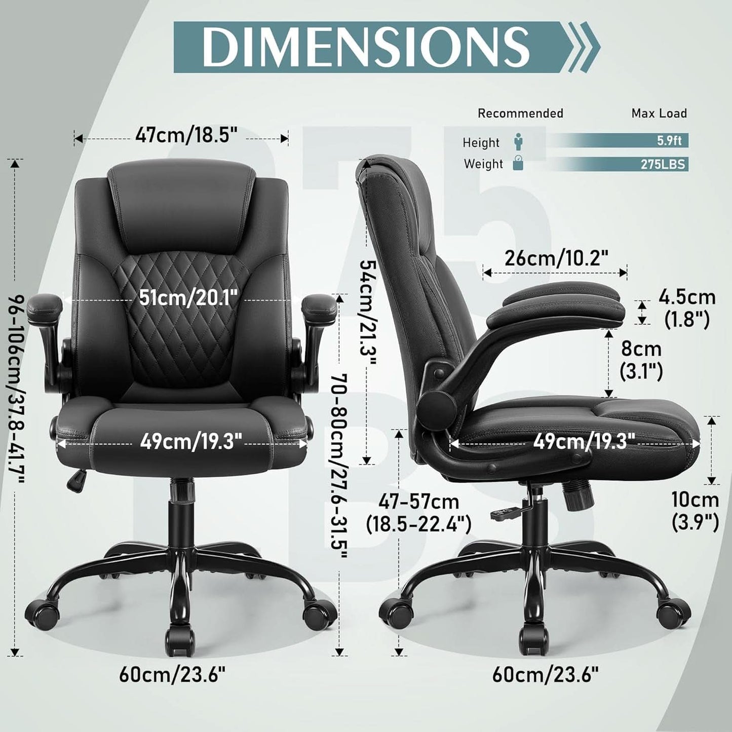 Ergonomic Leather Office Chair Adjustable Armrests Black