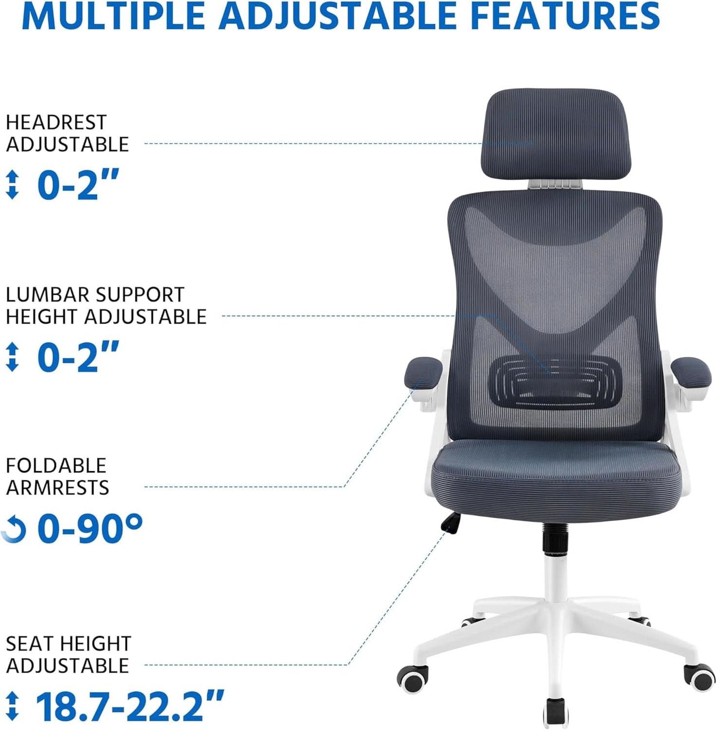 Ergonomic Mesh Office Chair White Gray With Flip Up Armrests