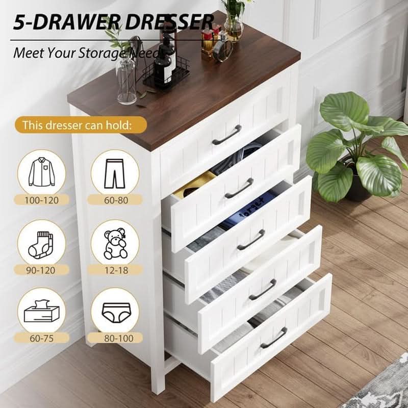 Five Drawer Dresser 44.9 Inch Tall PowderCoatWhite