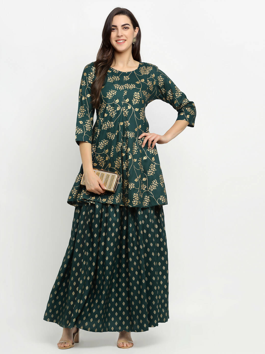 Rudra Bazaar Green Gold Printed Short Kurti With Skirt