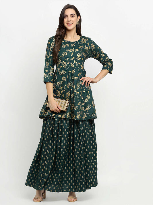 Rudra Bazaar Green Gold Printed Short Kurti With Skirt
