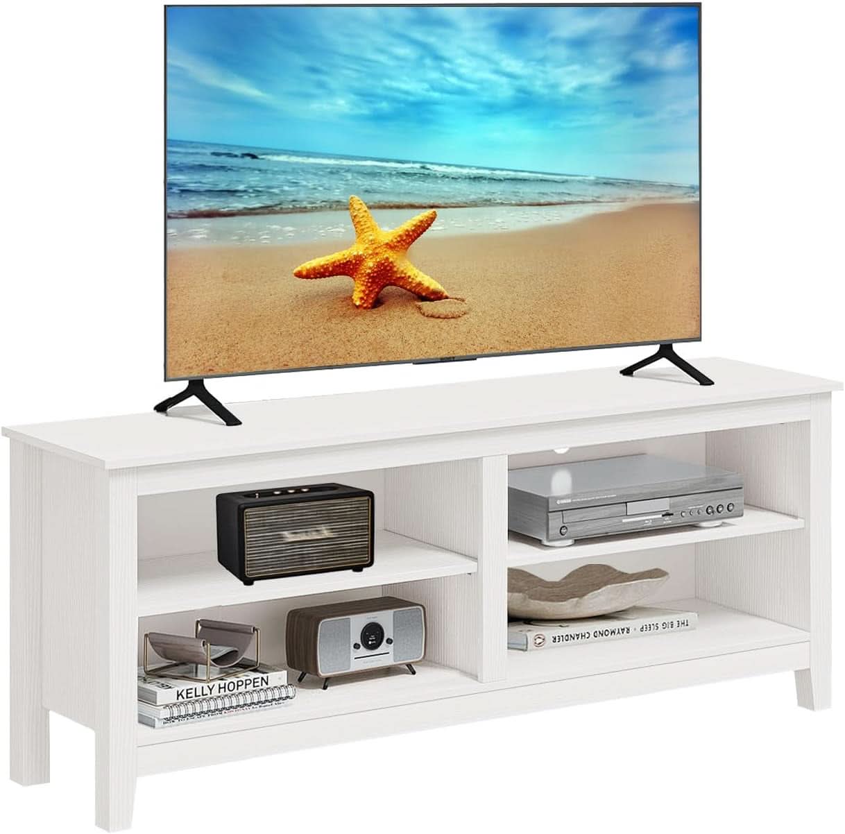 65 Inch TV Stand With Open Storage Shelves White Cabinet