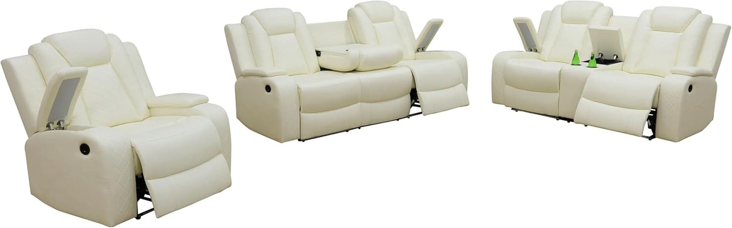 Power Recliner Set With LED Lights And USB Charging Ivory White