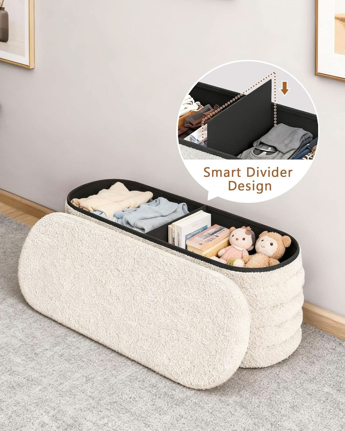 43 Inch SherpaWhite Upholstered Storage Ottoman Bench
