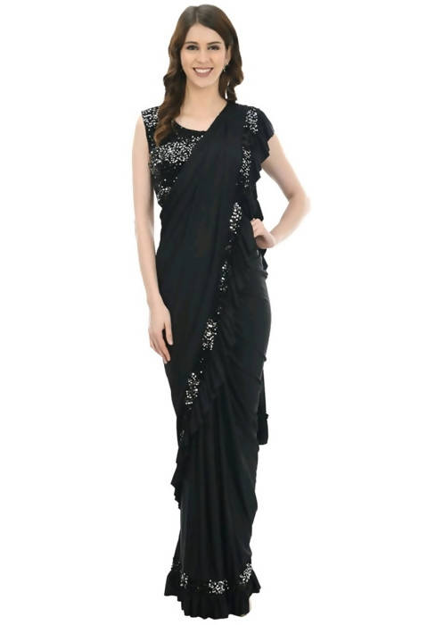 Mominos Fashion All Season Wear Black Ruffled Ready To Wear Saree