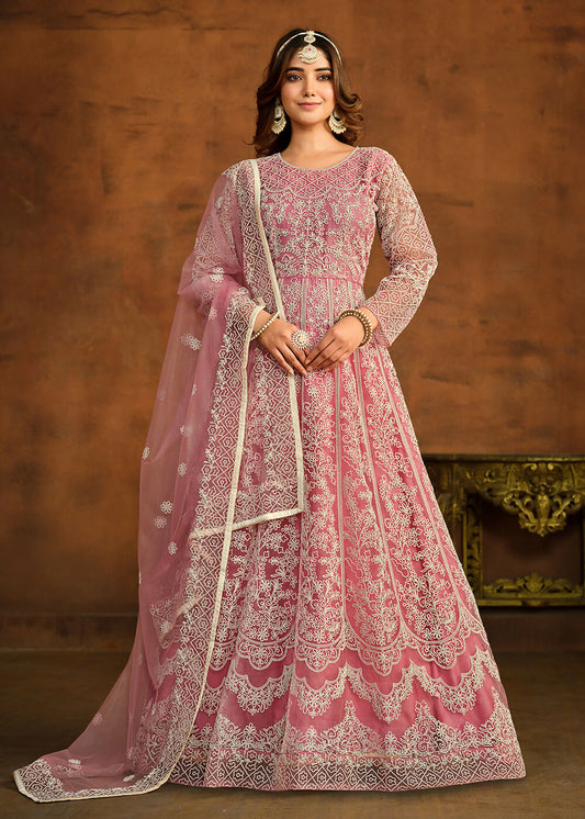 Pink All Over Embroidered Net Wedding Anarkali Suit - Emponline