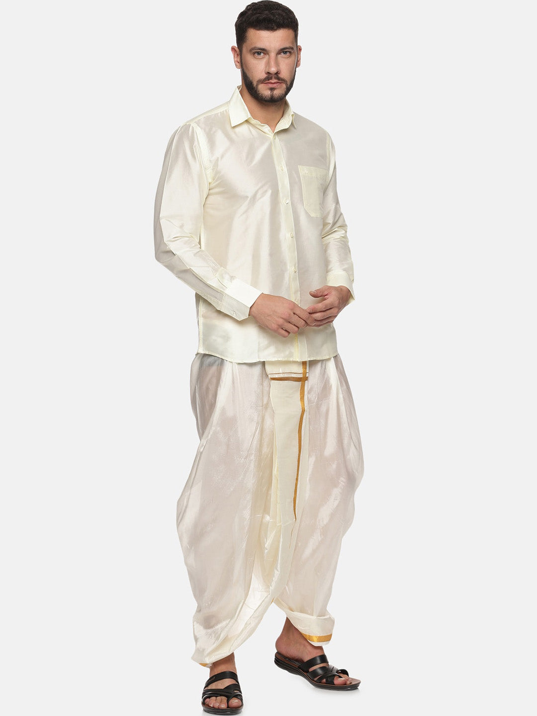 Sethukrishna Men Cream-Coloured & Golden Solid Silk Dhoti