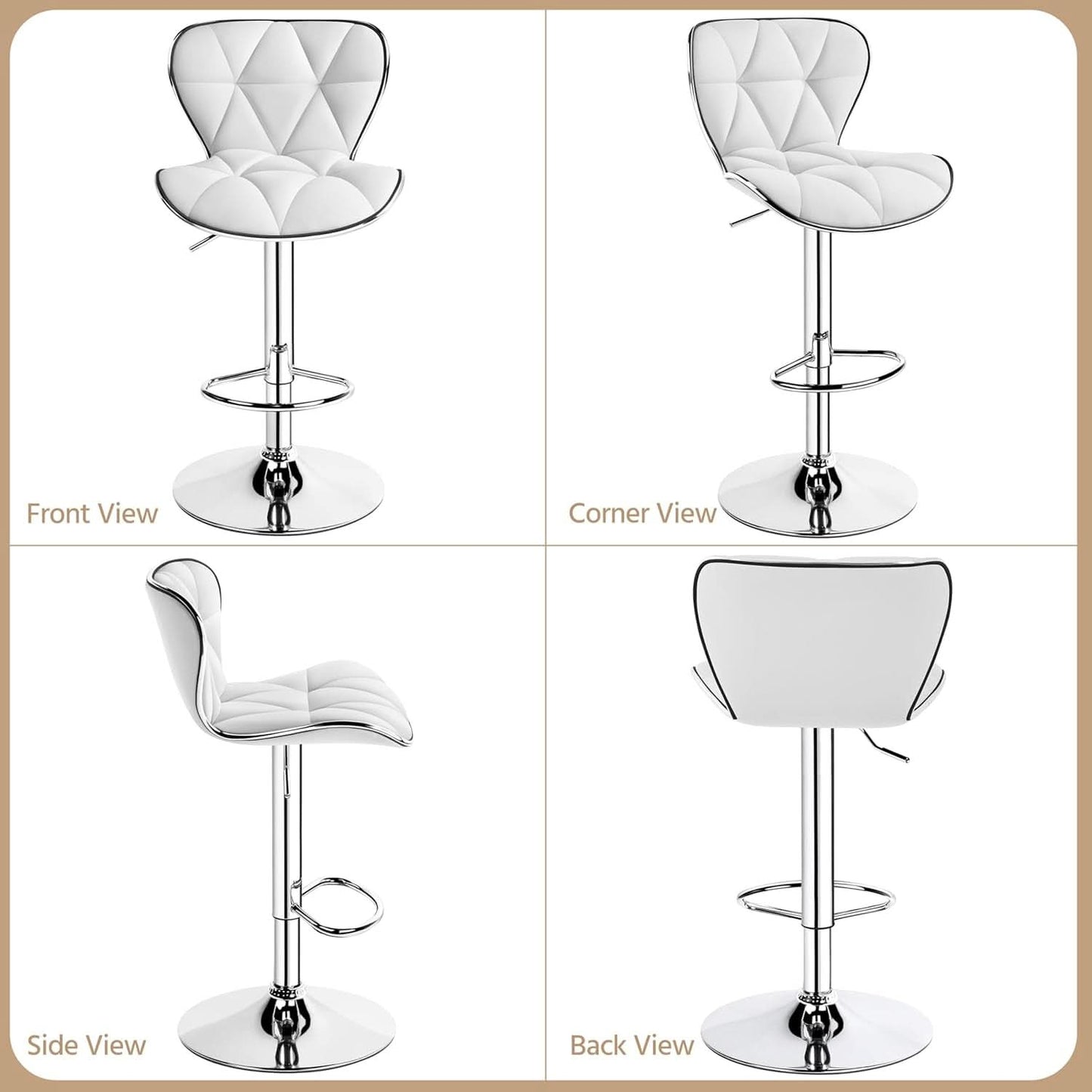 Bar Stools Set Of 2 White PU Leather Adjustable Swivel