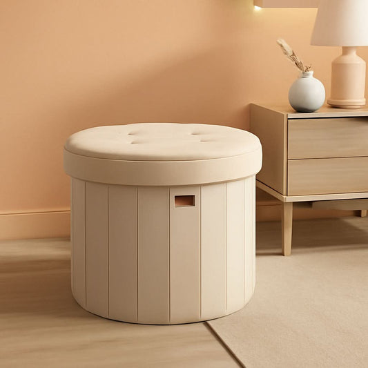 Round Folding Storage Ottoman Cappuccino Beige Velvet