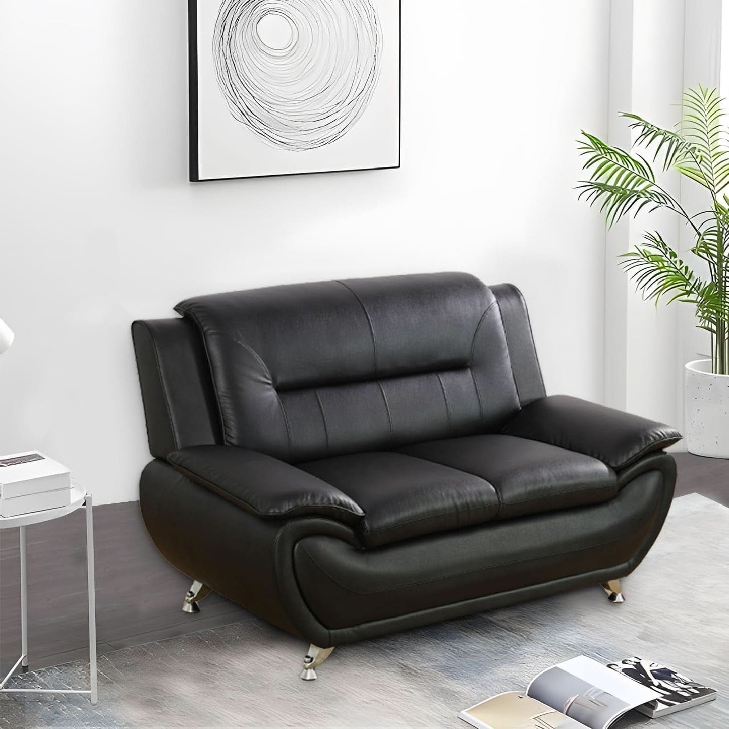 Black Faux Leather Sofa Loveseat 2 Piece Living Room Set