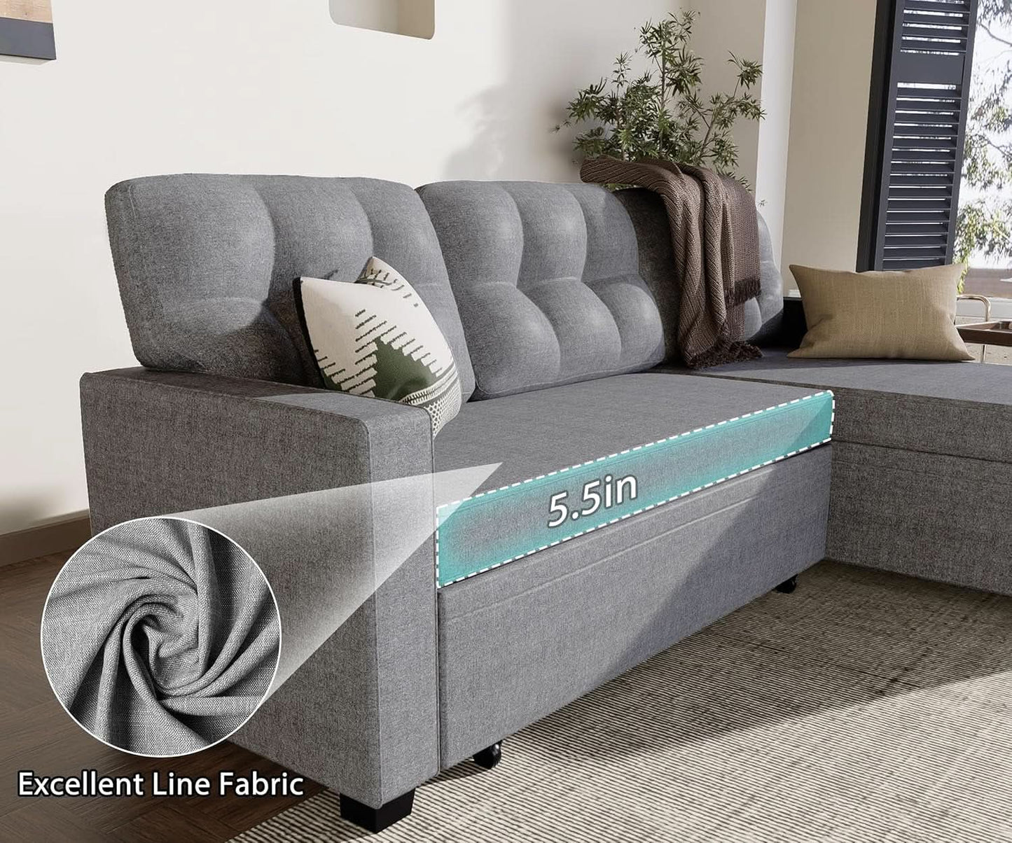 Reversible Sectional Sofa Couch, Sleeper Sofa Bed with Storage Chaise Pull Out Couch for Living Room | Hidden Stroge | Pull Out Bed | Removable Backrest | Linen Fabric, Light Grey