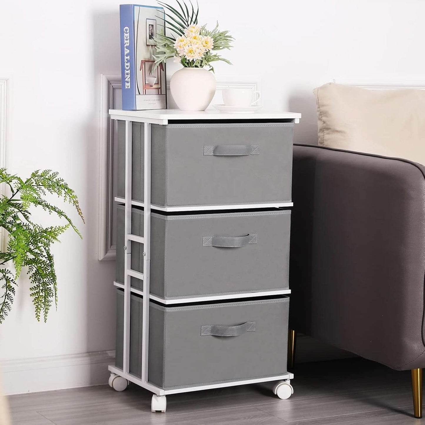Dresser Tower 3 Drawer Dark Grey With Wood Top And Wheels