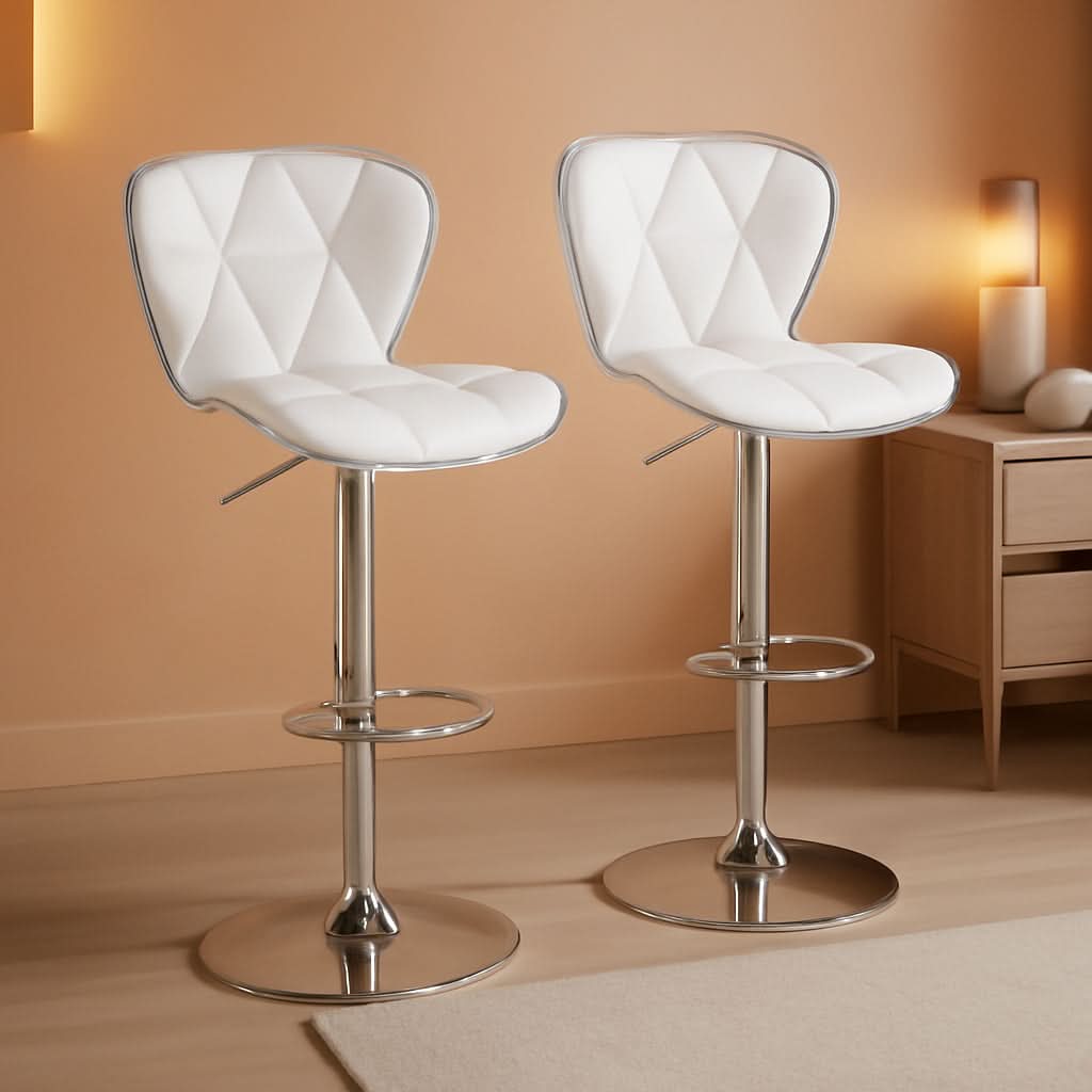 Bar Stools Set Of 2 White PU Leather Adjustable Swivel