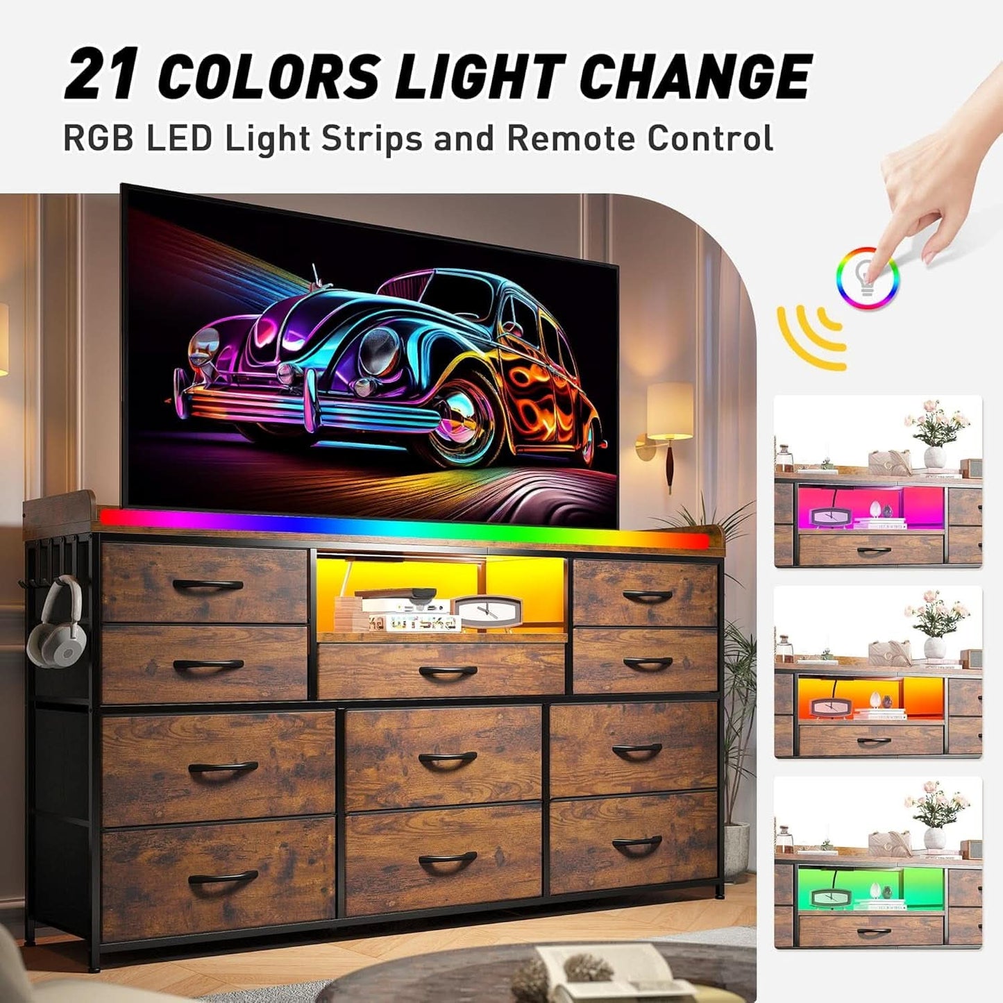 Dresser With 11 Drawers And LED Lights For Bedroom