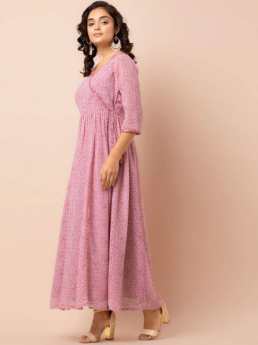 Indya Pink & White Printed Ethnic Maxi Dress