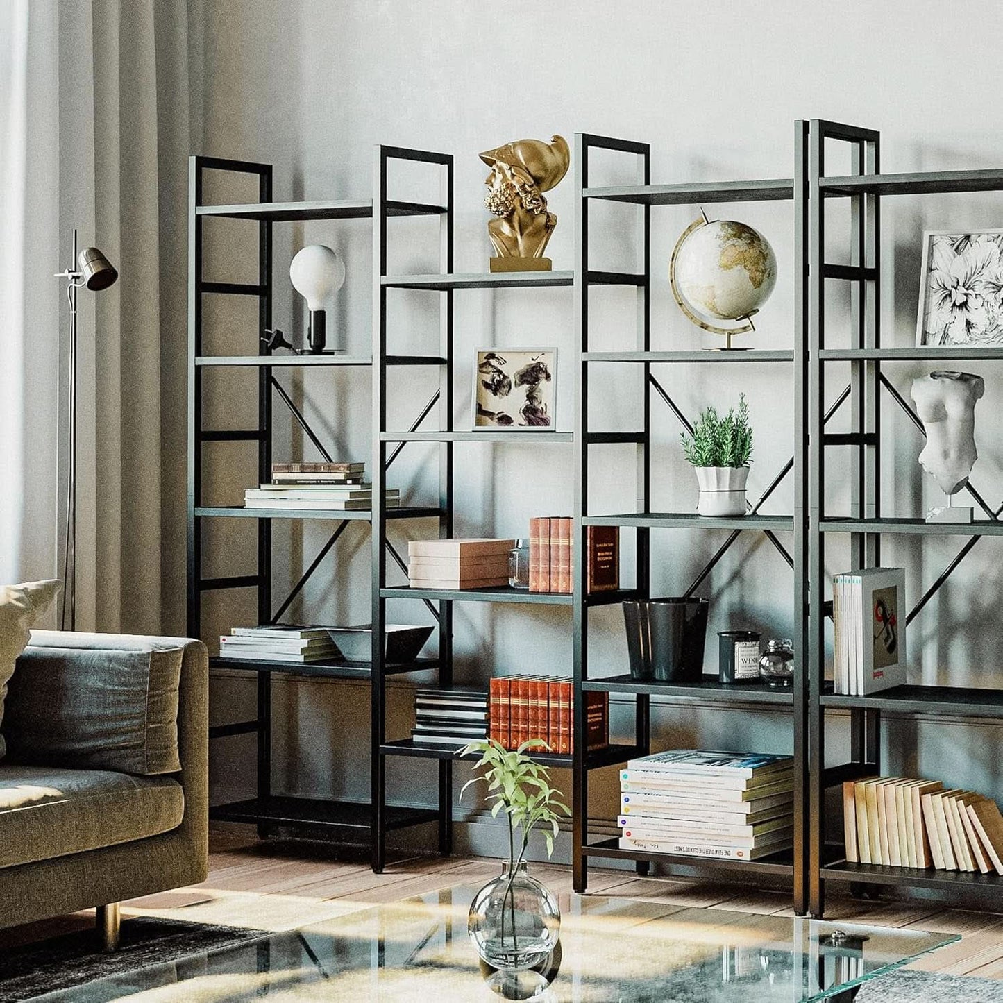 Triple Wide Industrial Bookshelf With Metal Frame 14 Open Shelves