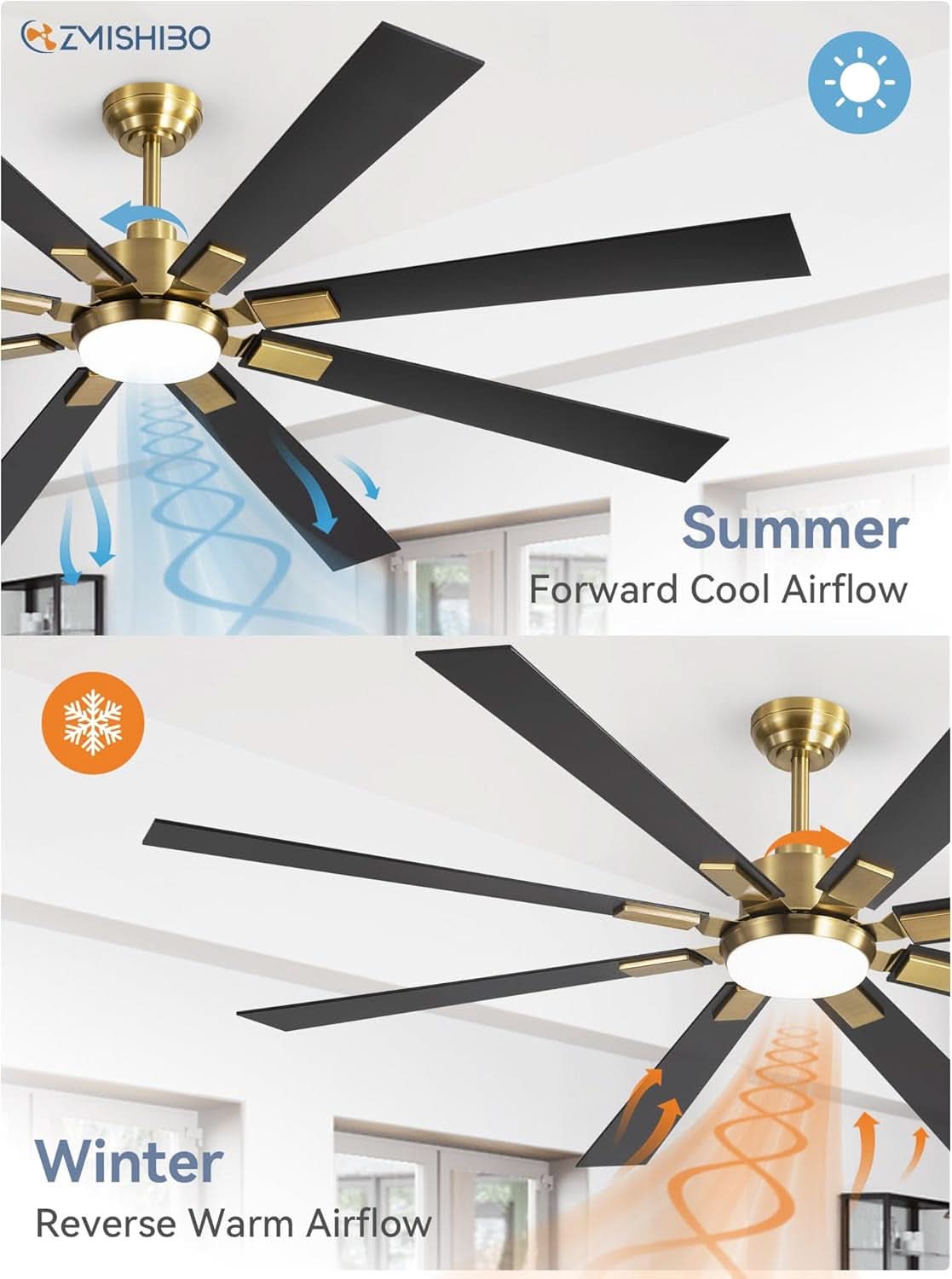 72 Inch Black And Gold Ceiling Fan With Remote Light