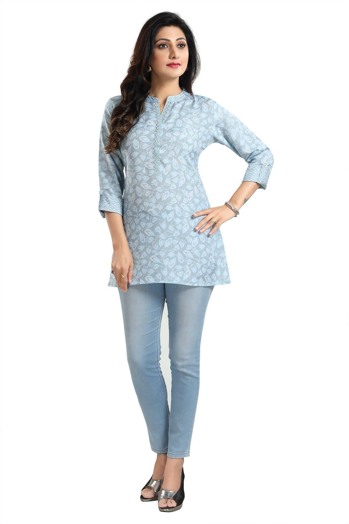 Snehal Creations Pretty Pastel Blue Rayon Short Kurti Tunic Top