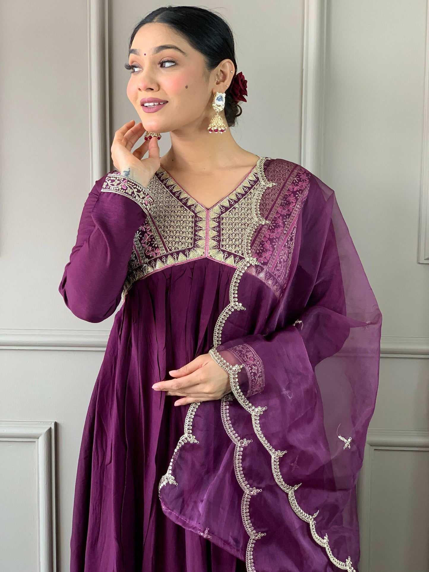 Partywear Designer Viscose Wine Stitched Suit With Dupatta - Tanisha