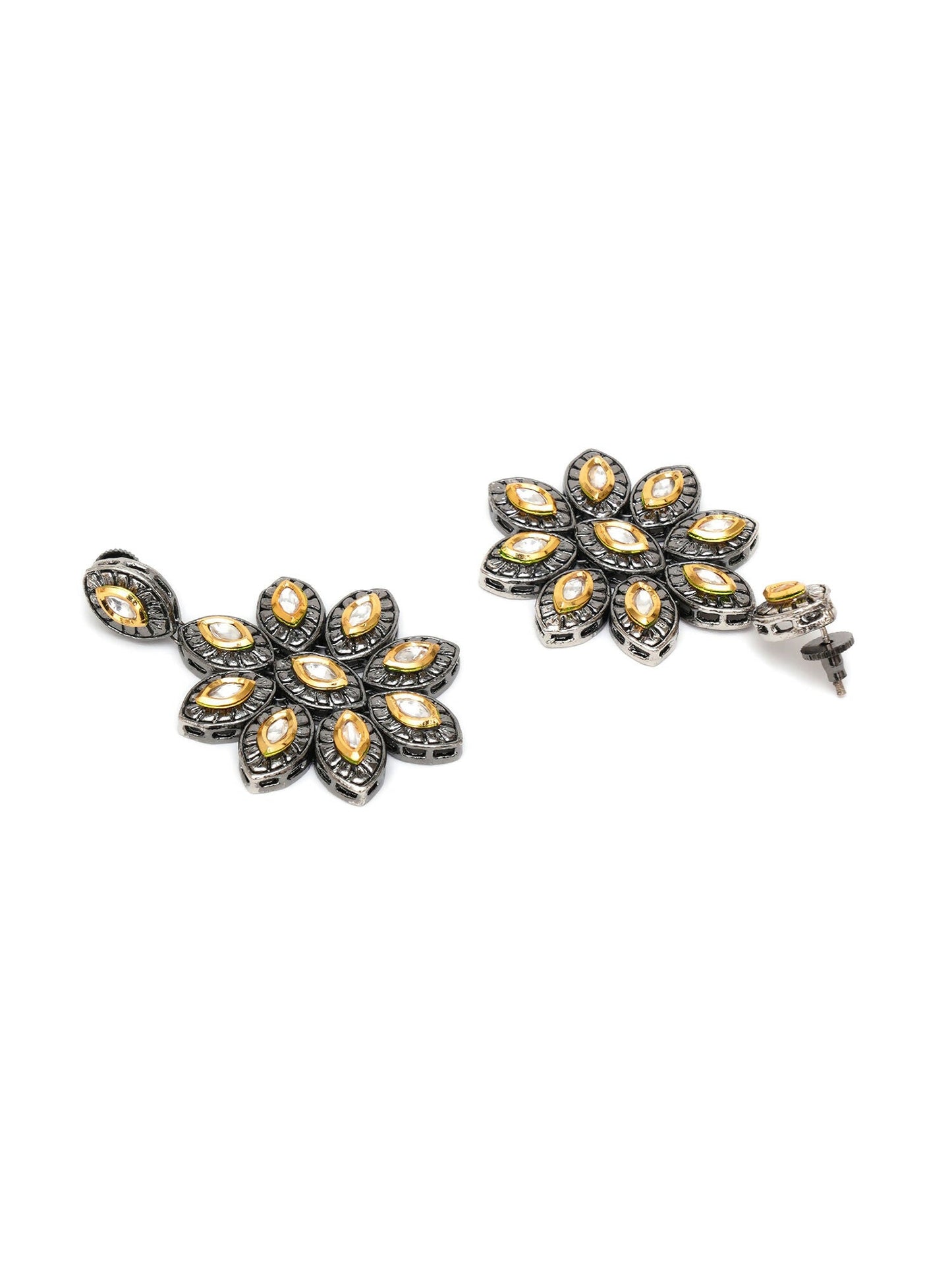 Dual Tone Kundan Flower Studs (silver) - Ruby Raang