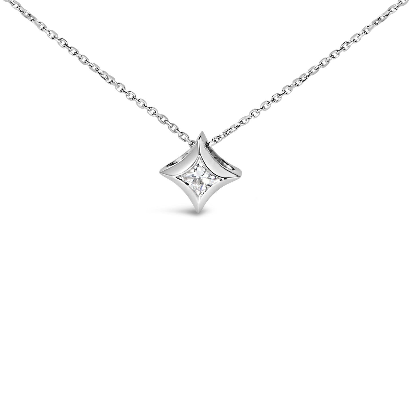 10K White Gold 1/10 Cttw Bezel Set Solitaire Princess Cut Diamond Kite Shaped Pendent Necklace - 18" Inches