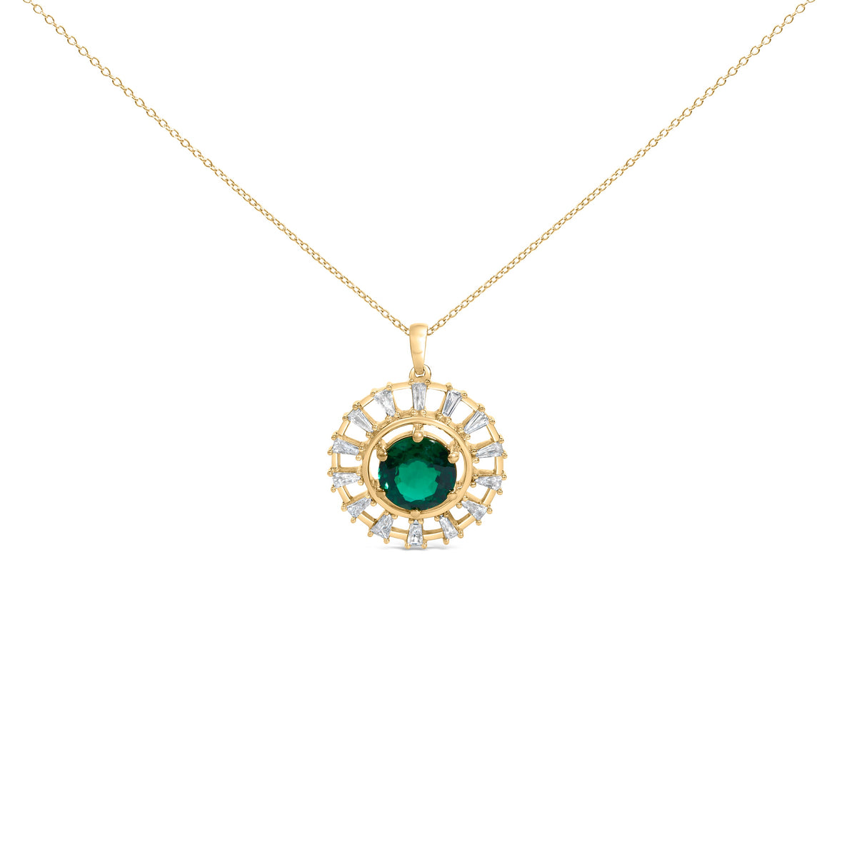 14KT Yellow Gold Plated .925 Sterling Silver Lab Grown Emerald and Baguette Diamond Medallion Pendant Necklace