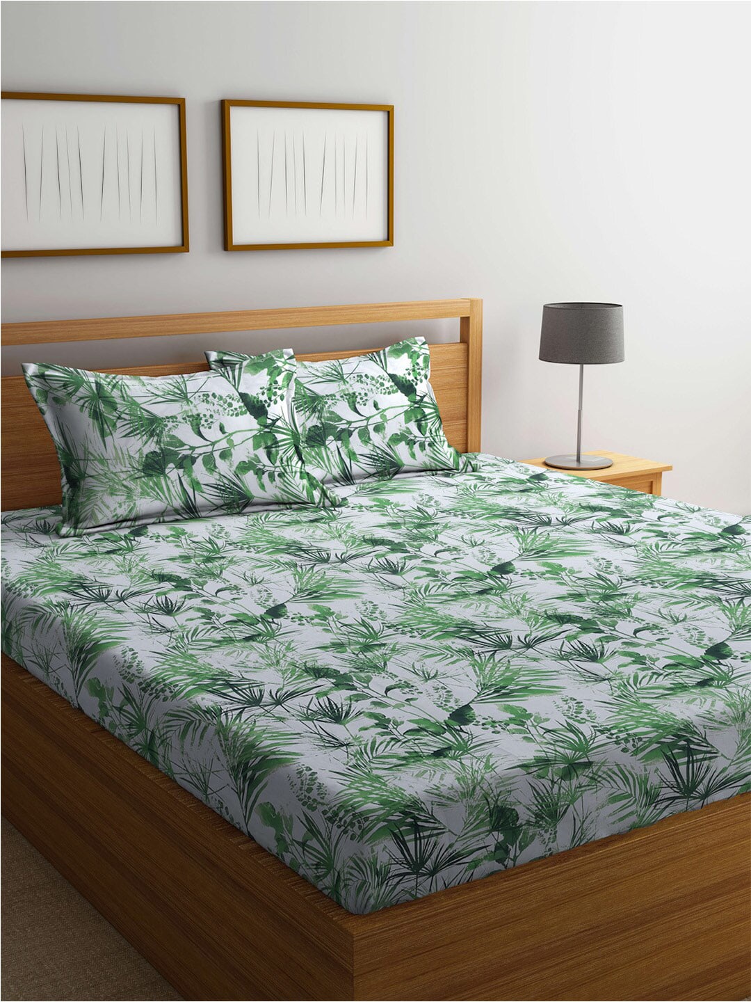 BOMBAY DYEING Serenita Green & White Floral Cotton 144TC Queen Bedsheet & 2 Pillow Covers