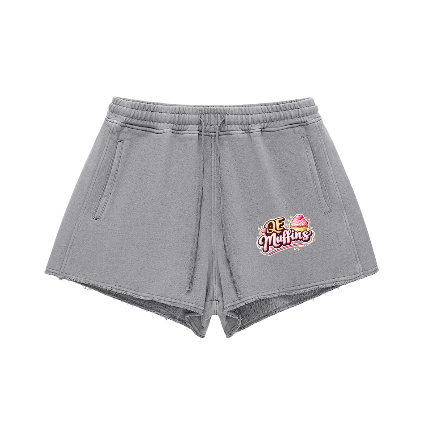 QE Muffins Snow Washed Raw Edge Drawstring Shorts